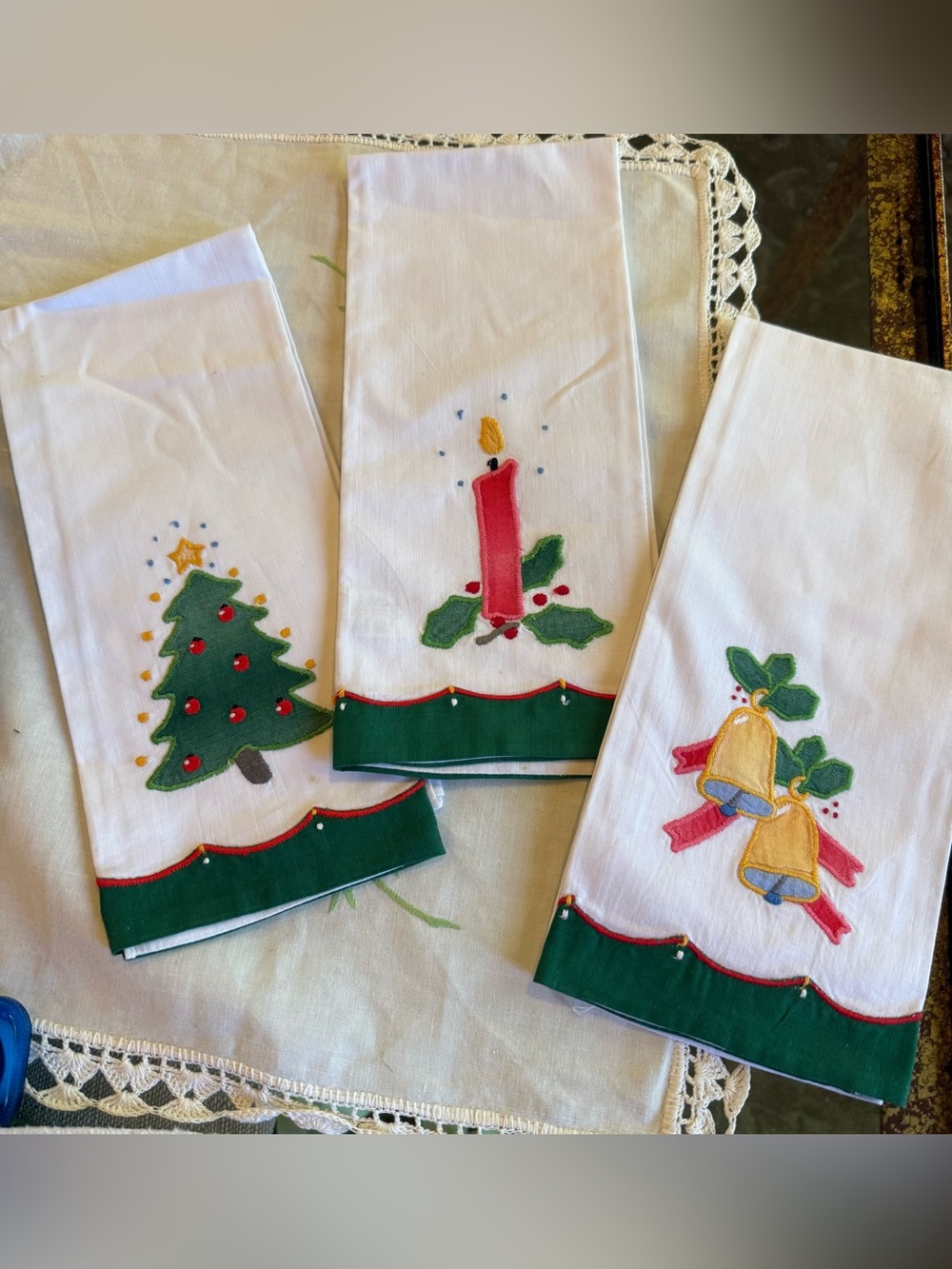 Festive Christmas Kitchen Towels Set - White with Green Trim and Holiday Motifs